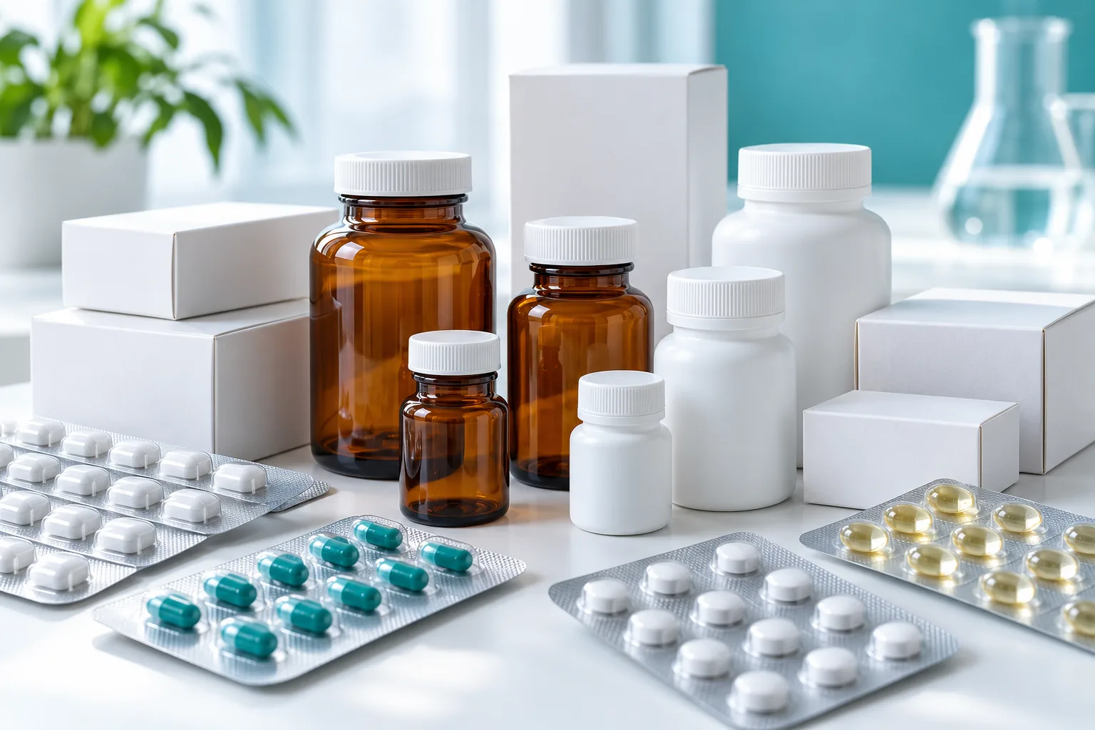 Pharmaceutical packaging selection illustrated with medicine bottles, cartons and blister packs