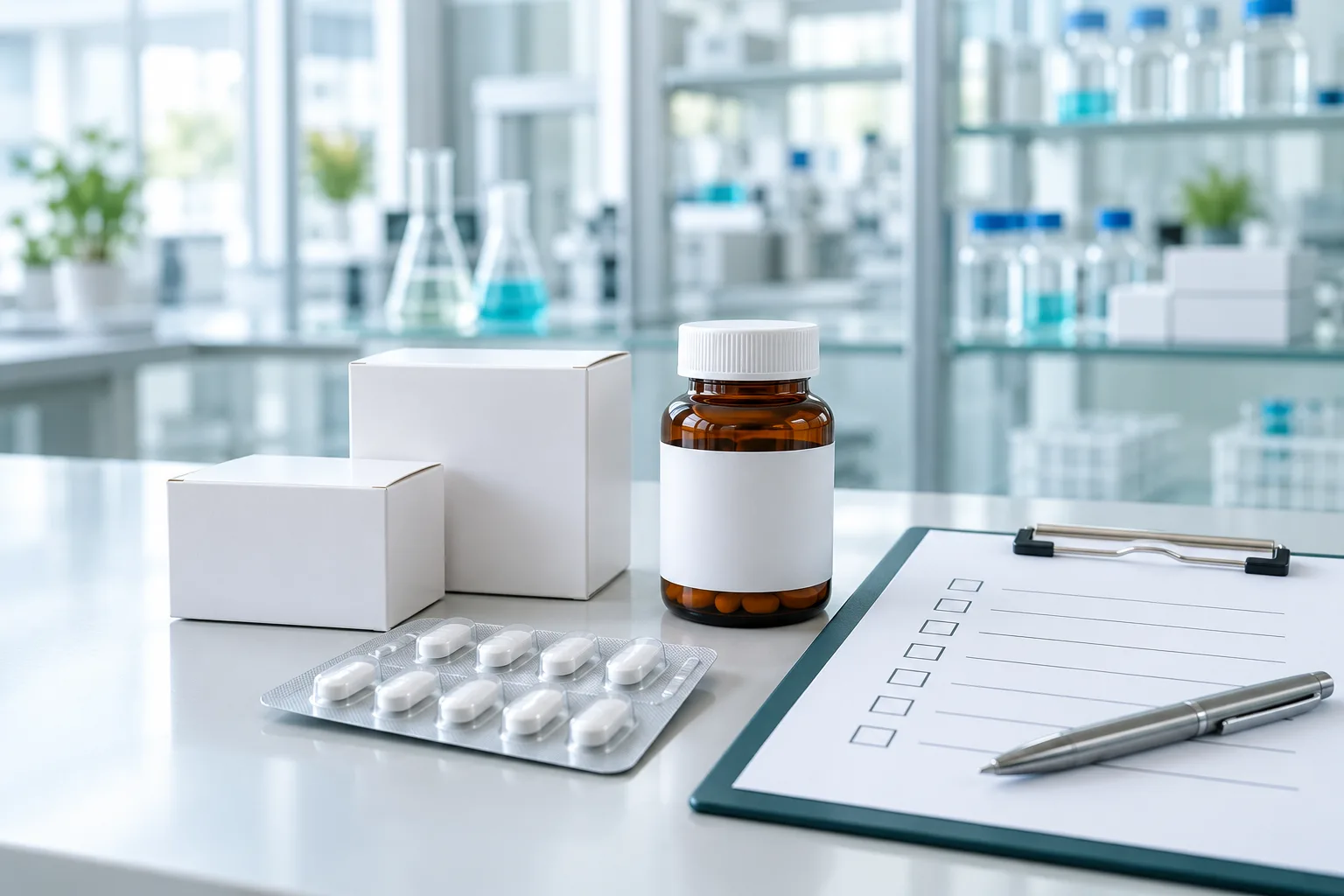 Pharma sample evaluation illustrated with sealed medicine packs and an inspection checklist
