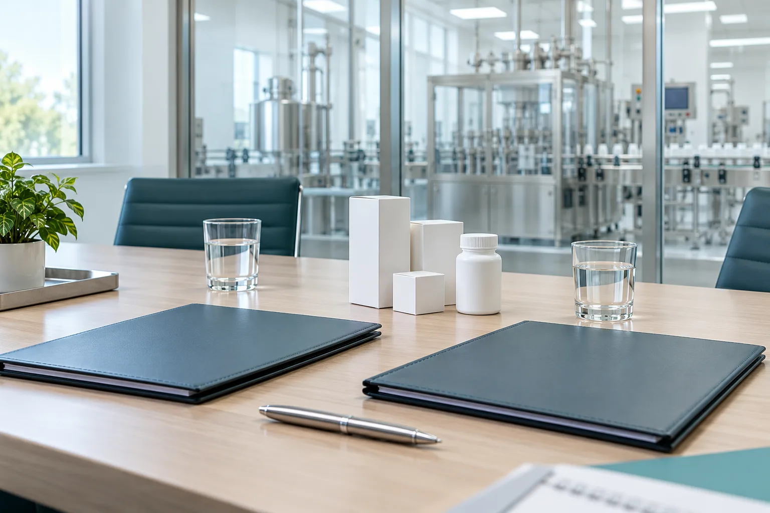 Pharmaceutical quality agreement illustrated with document folders and generic medicine cartons
